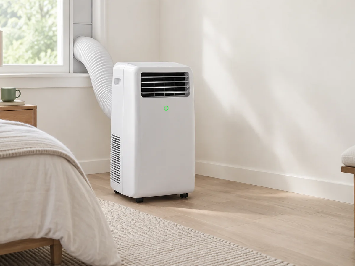 A portable air conditioner with its exhaust hose in a bedroom window.