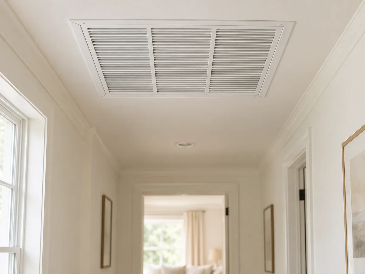 A louvered whole house fan grille in a hallway ceiling.