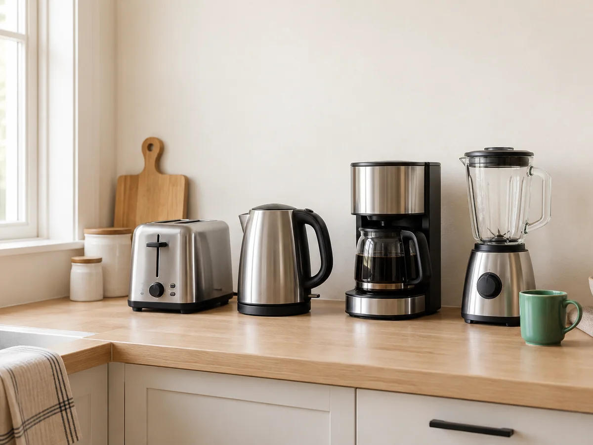 A kitchen counter with a toaster, kettle, coffee maker and blender.