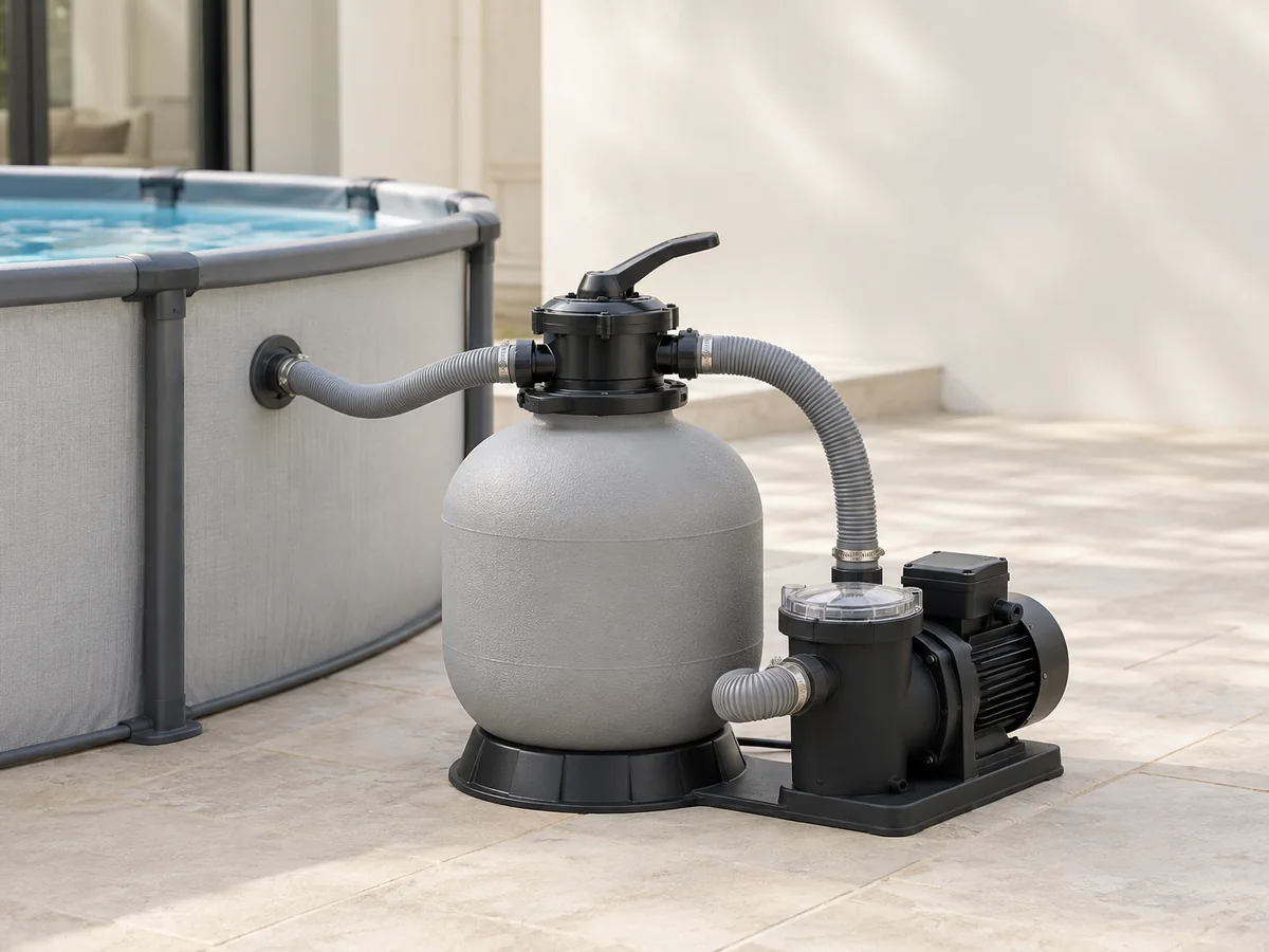 A pool pump and sand filter on a stone patio.