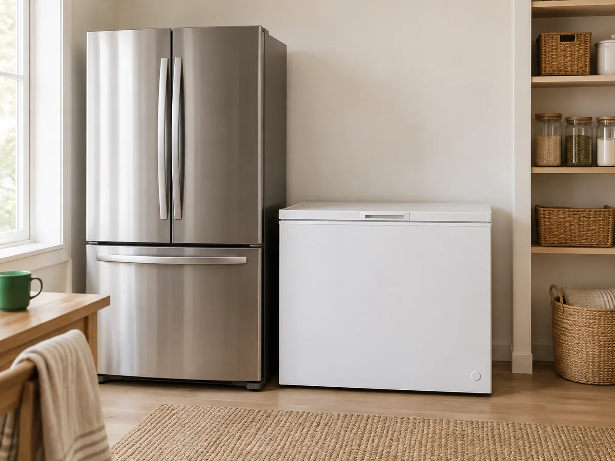 A refrigerator beside a chest freezer in a tidy pantry.