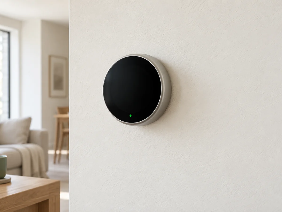 A round smart thermostat on a plaster wall.