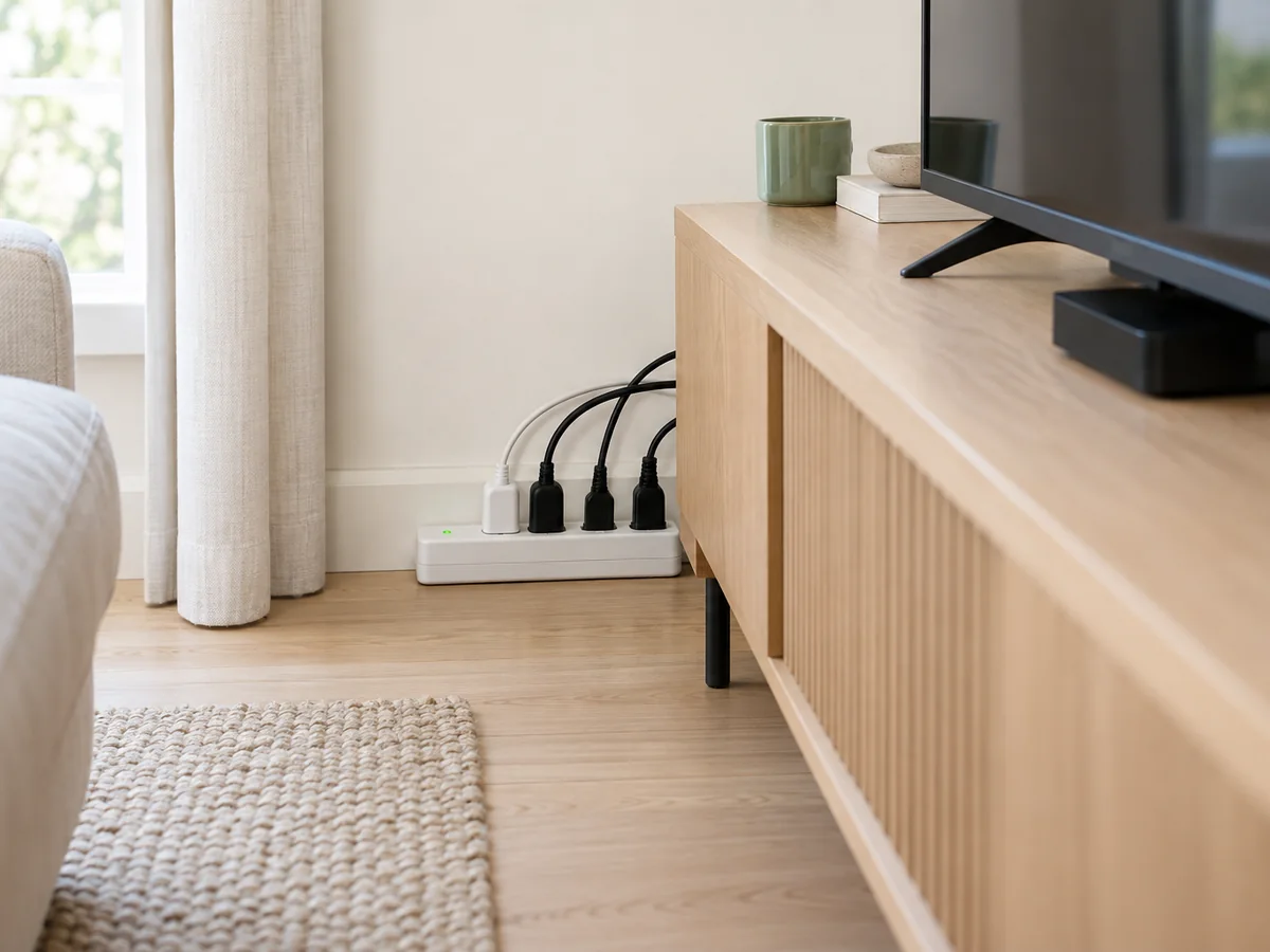 A power strip with several plugged-in cords behind a media console.