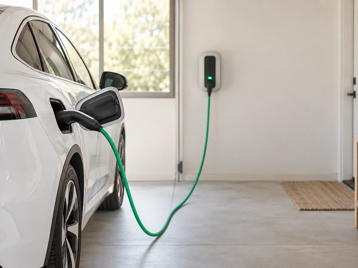 A charging cable plugged into an electric car in a garage.