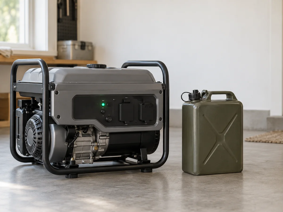 A portable generator beside a fuel can on a garage floor.