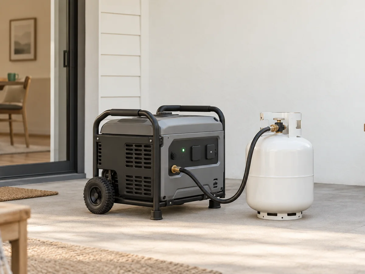 A portable generator connected to a propane cylinder on a patio.