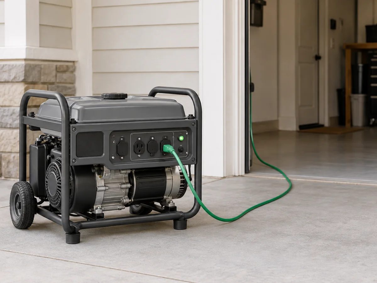 An open-frame portable generator with an extension cord running into a garage.