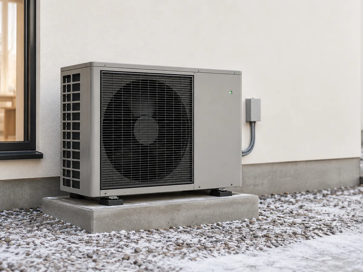 An outdoor heat pump unit on a concrete pad with light frost on the gravel.