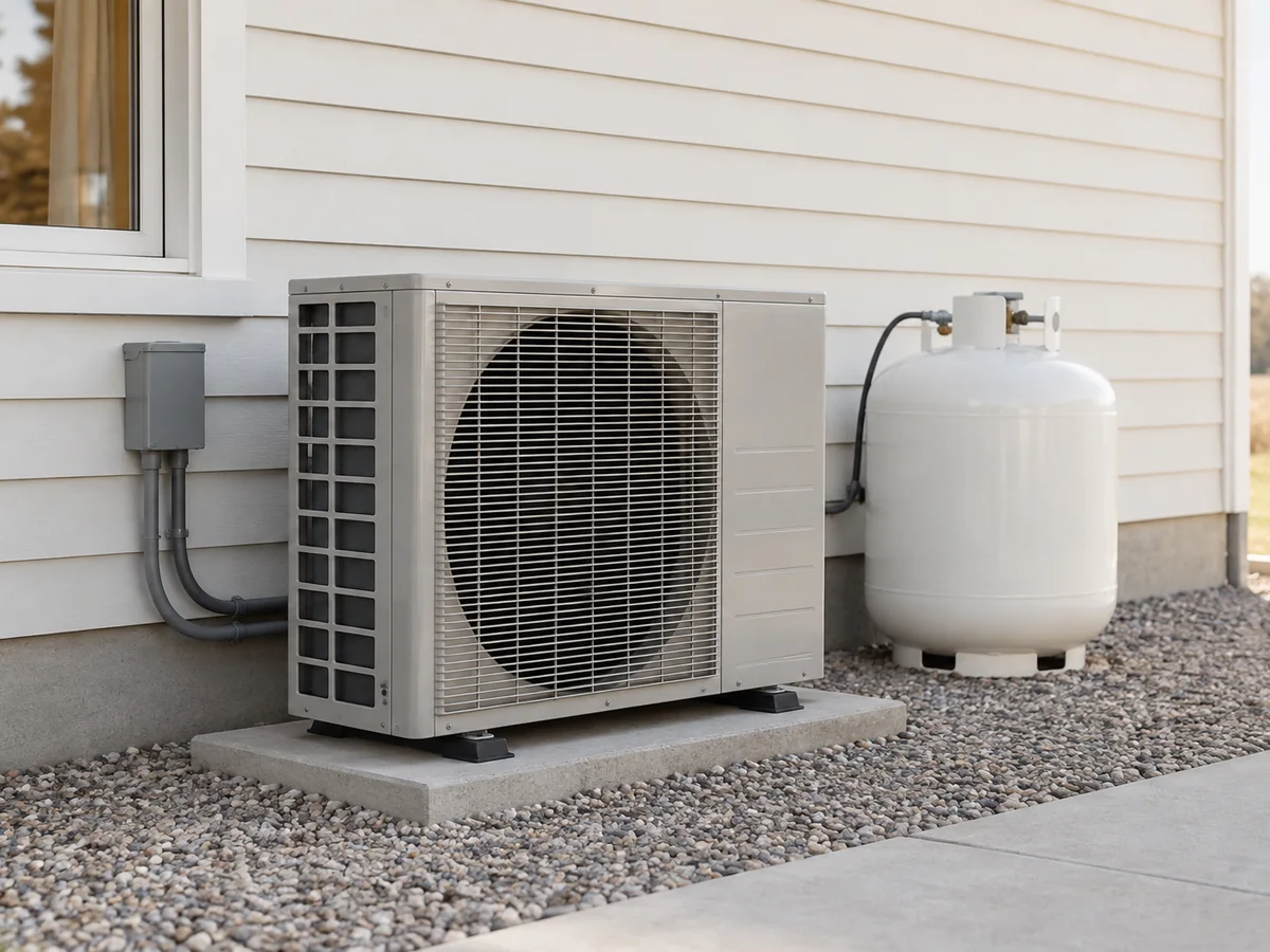 An outdoor heat pump unit next to a propane tank beside a house.