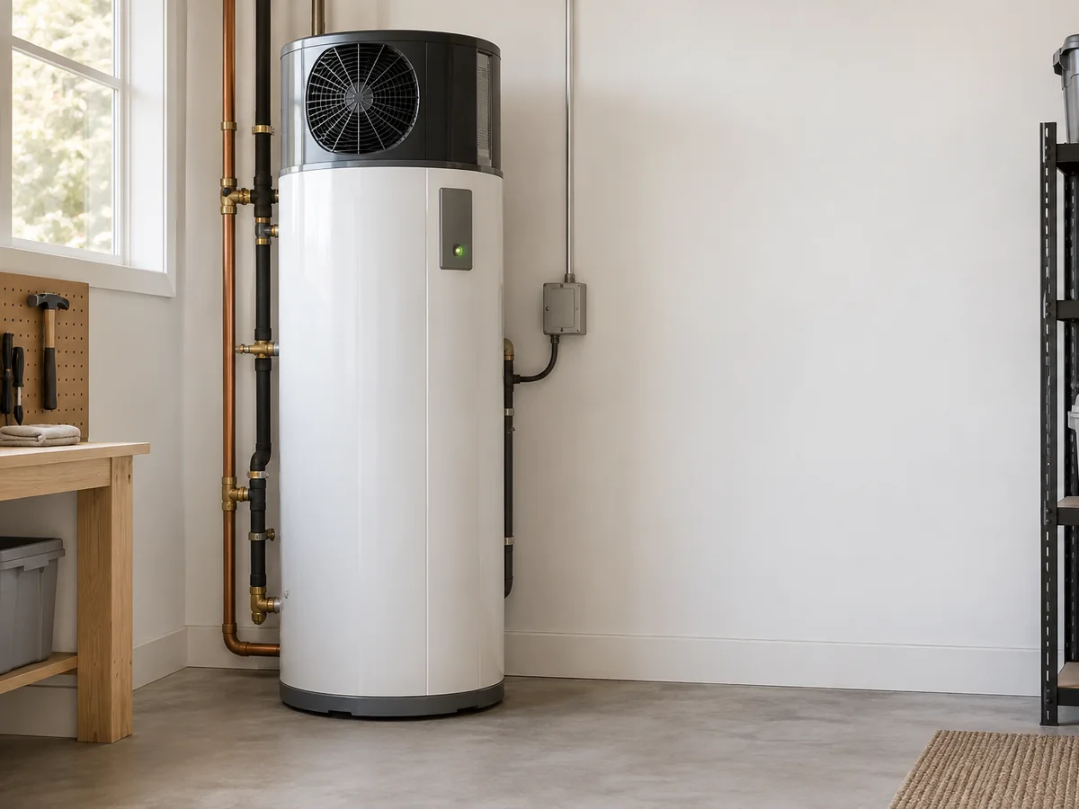 A heat pump water heater in a garage corner.