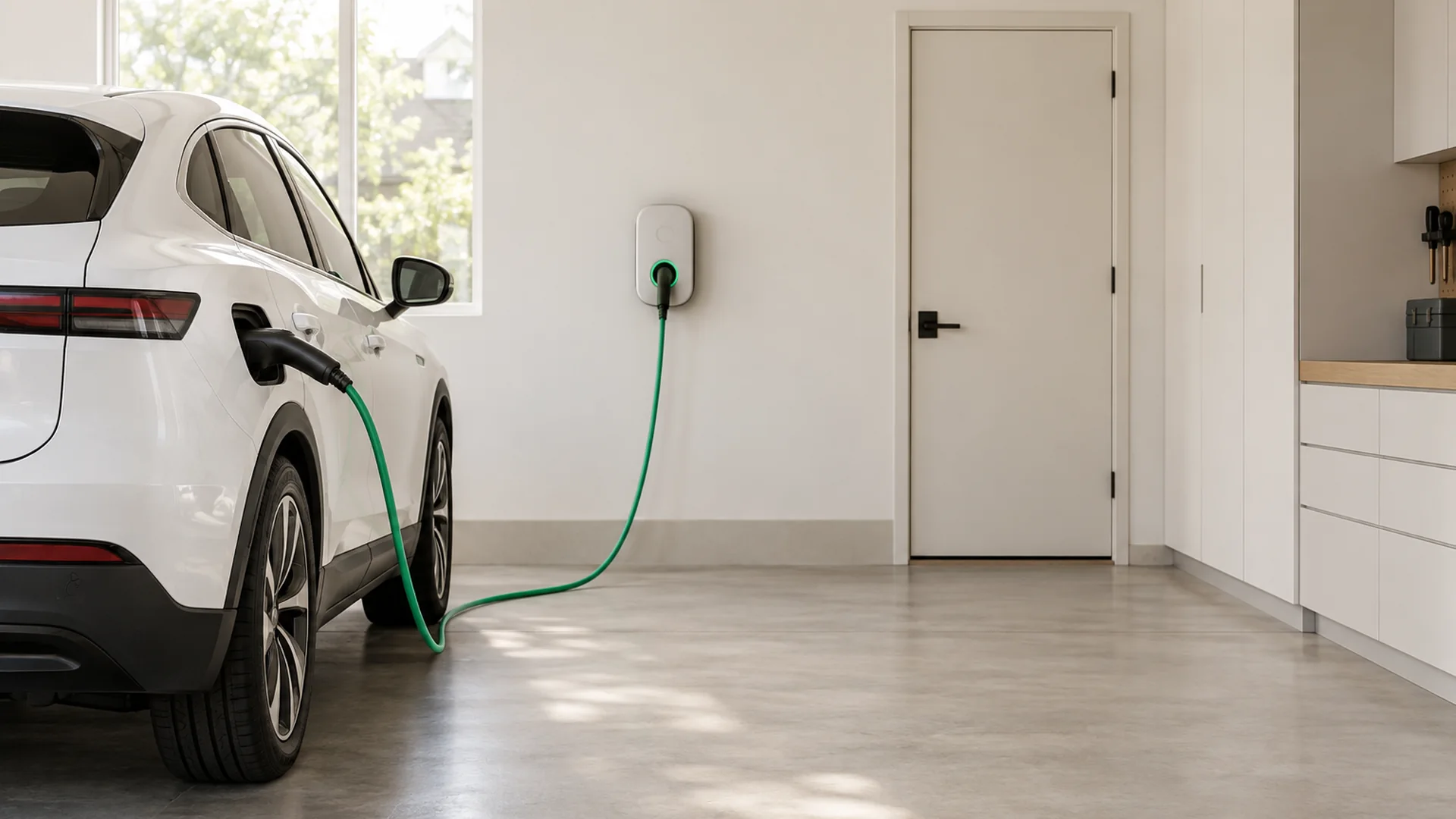 An electric car plugged into a wall charger in a clean garage.