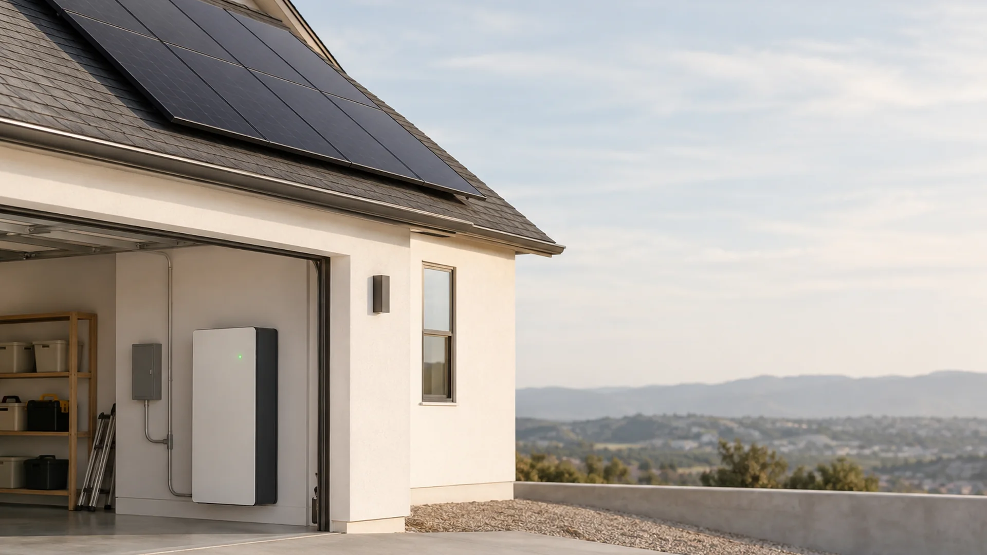 A house roof with solar panels under a soft sky.