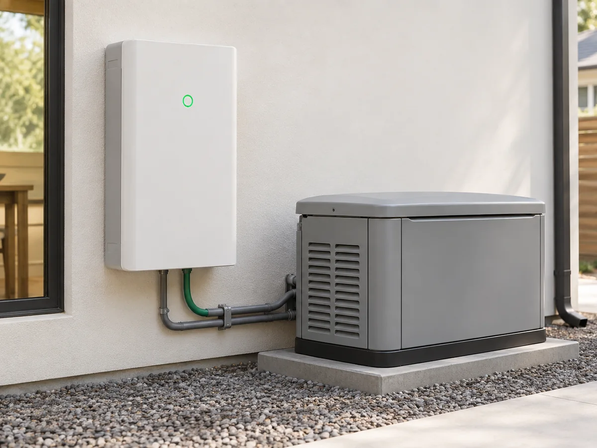 A home battery and a standby generator beside a house.