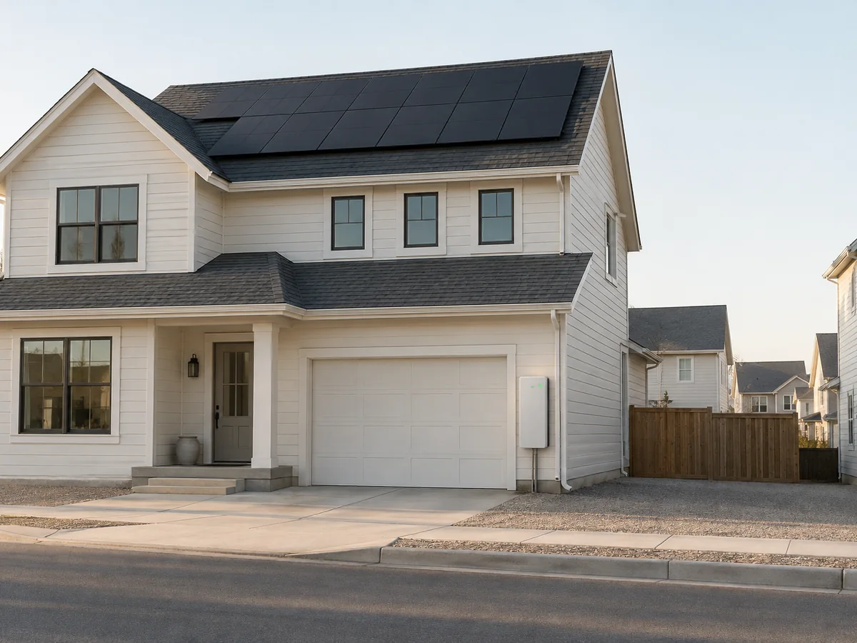 A suburban house with solar panels on its roof.
