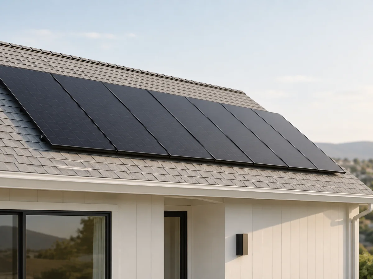 A row of solar panels on a gray shingle roof.